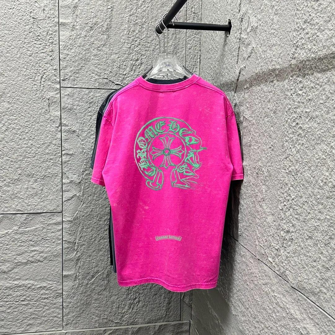 🅿️180 CH* Crow Heart* 2025 spring and summer new style Snowflake distressed washed retro round neck short sleeves Chest and front logo Horseshoe print Customized fabric Short-sleeved T-shirt Unisex Size: S M L XL XXL Color: Snowflake Black Snowflake Gray Snowflake Pink Snowflake Blue